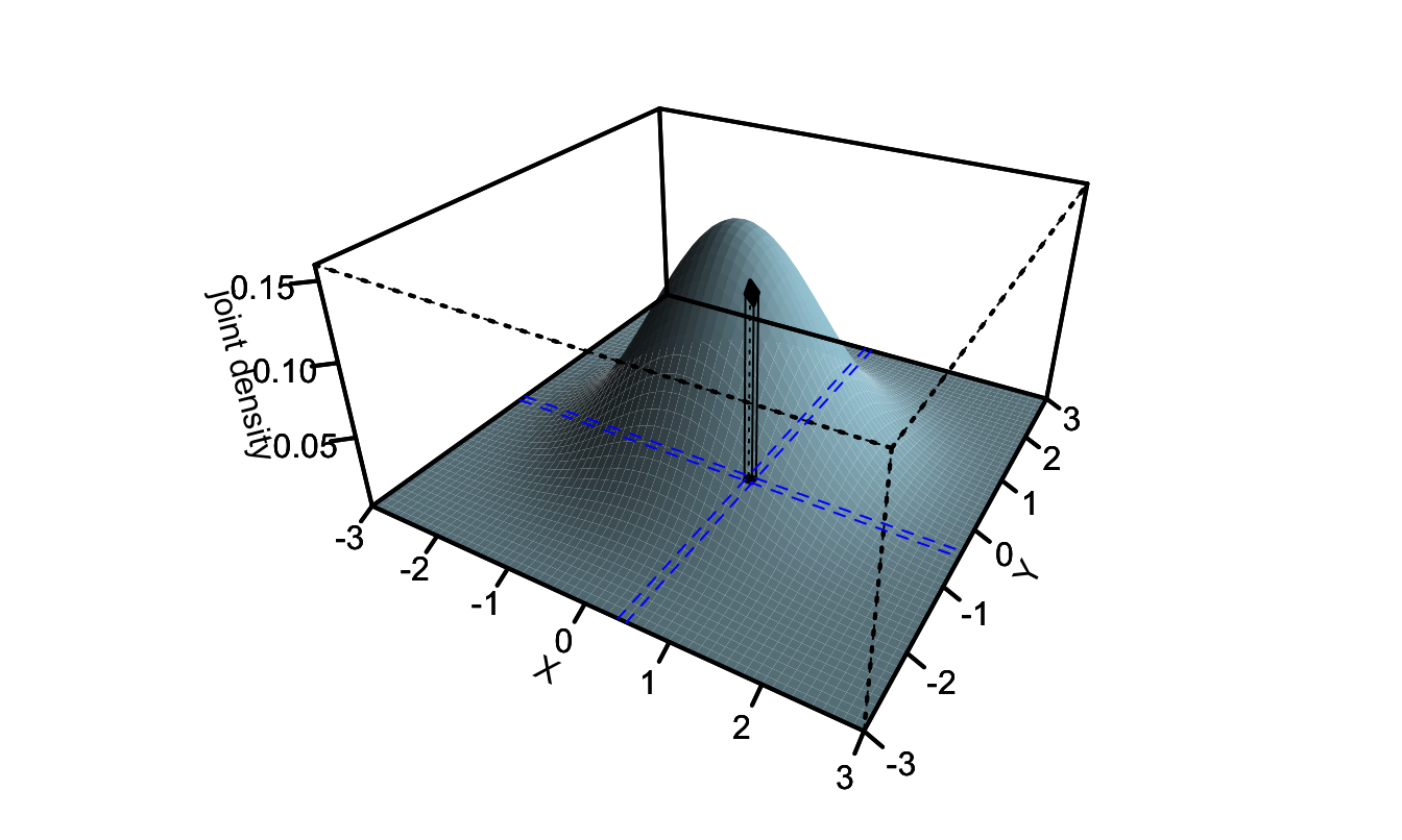 Assume that the basis of the black column is defined by those points whose $x$-coordinates are between $x$ and $x+\varepsilon$ and $y$-coordinates are between $y$ and $y+\varepsilon$. Then the volume of the black column is equal to $\mathbb{P}(x < X \le x+\varepsilon,y < Y \le y+\varepsilon)$, which is approximately equal to $f_{XY}(x,y)\varepsilon^2$ if $\varepsilon$ is small.