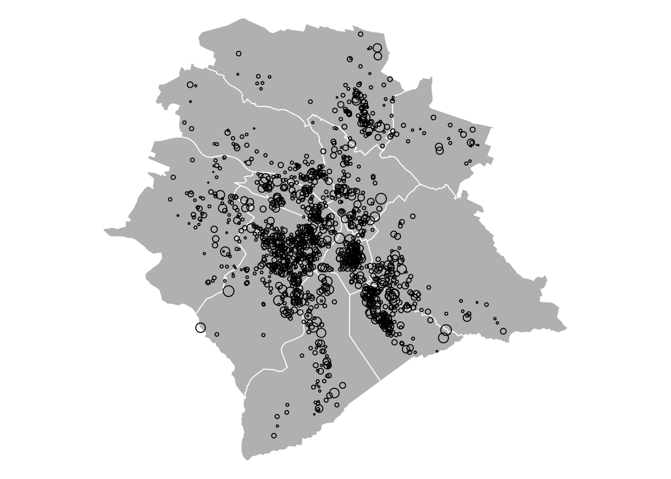 Airbnb prices for the Zurich area, 22 June 2017. The size of the circles is proportional to the prices. White lines delineate the 12 districts of the city.